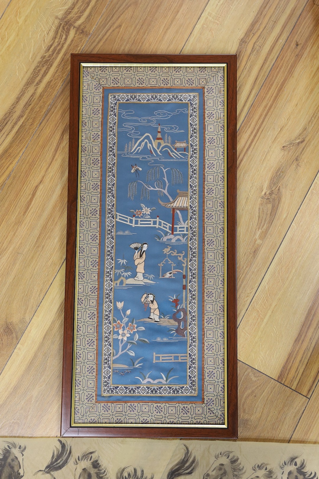 A Chinese painted handscroll and an embroidered silk panel